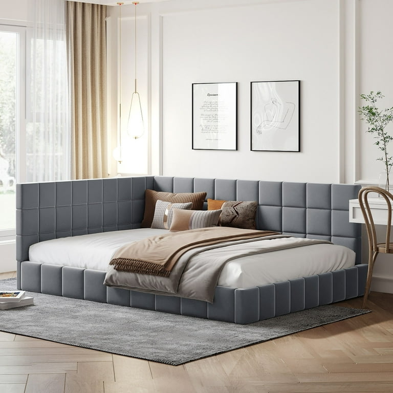 Full Size Upholstered Daybed Mid Century Wood Sofa Bed Frame with Backrest and Armrest Velvet Corner Bed Futon Sleeper Bed for Living Room
