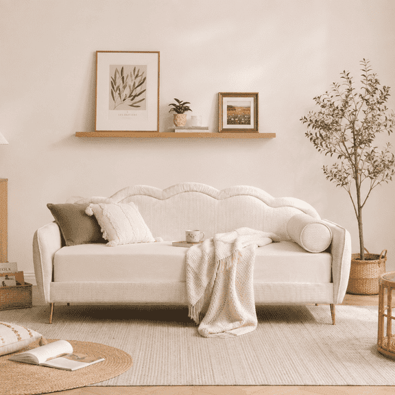 Full Size Upholstered Daybed Sofa Bed with Cloud-Shaped Backrest, Linen-Look Fabric Lounge Bed Frame for Living Room, Guest Room, No Box Spring Needed, Beige