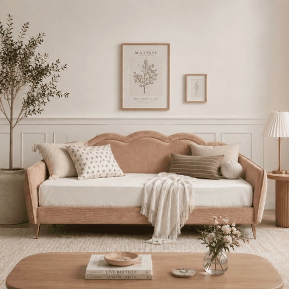 Full Size Upholstered Daybed Sofa Bed with Cloud-Shaped Backrest, Linen-Look Fabric Lounge Bed Frame for Living Room, Guest Room, No Box Spring Needed, Plush Pink