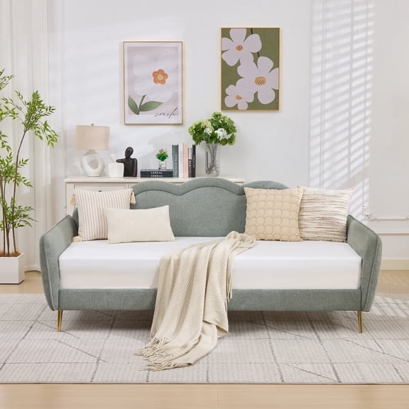 Full Size Upholstered Daybed Sofa Bed with Cloud-Shaped Backrest, Linen-Look Fabric Lounge Bed Frame for Living Room, Guest Room, No Box Spring Needed, Sage Green