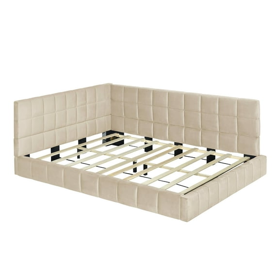 Full Size Upholstered Daybed/Sofa Bed Frame - Beige Velvet, Mid-Century Modern, Dual Function, 600 LBS Capacity, No Box Spring Needed