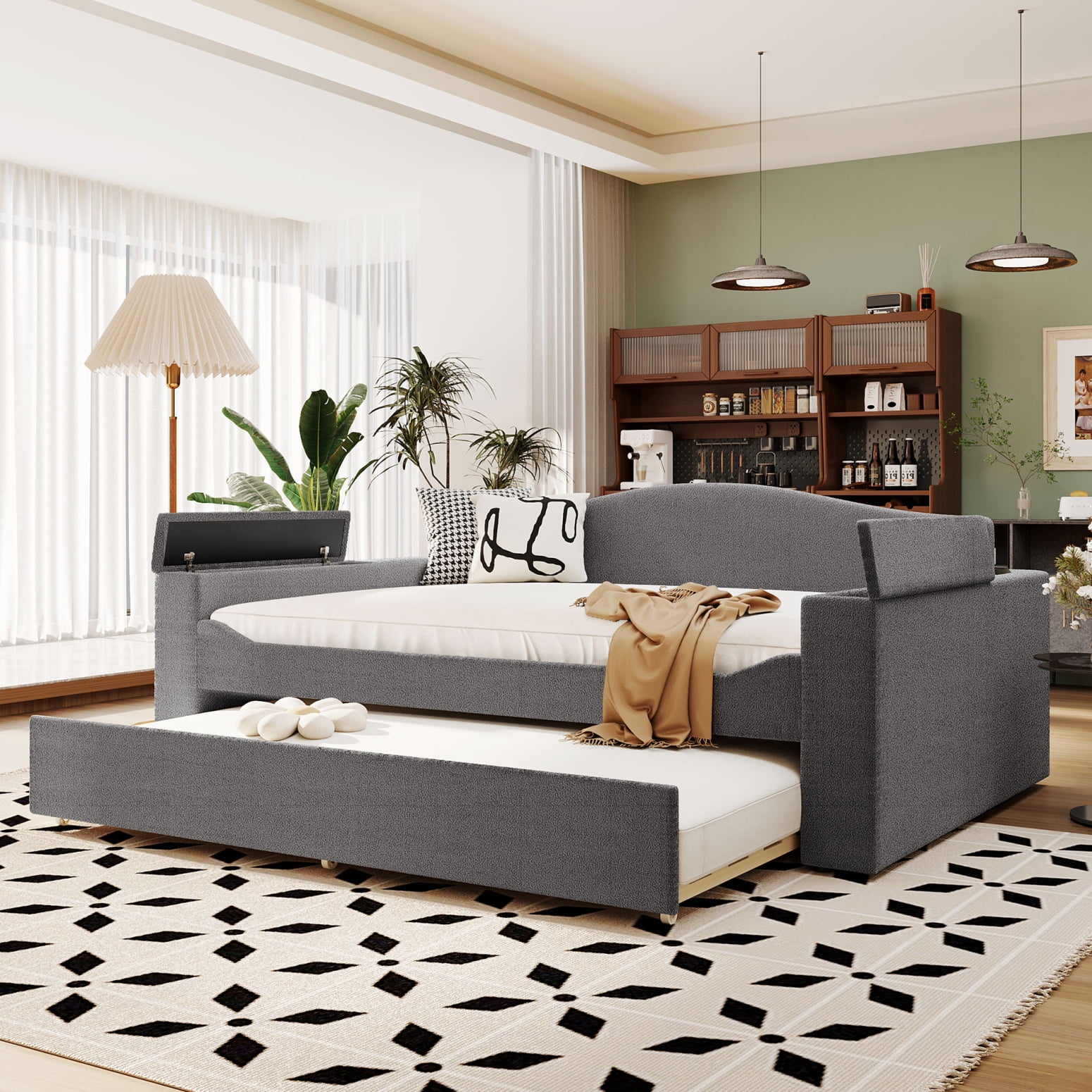 Full Size Upholstered Daybed with Storage Armrests & Trundle, Teddy