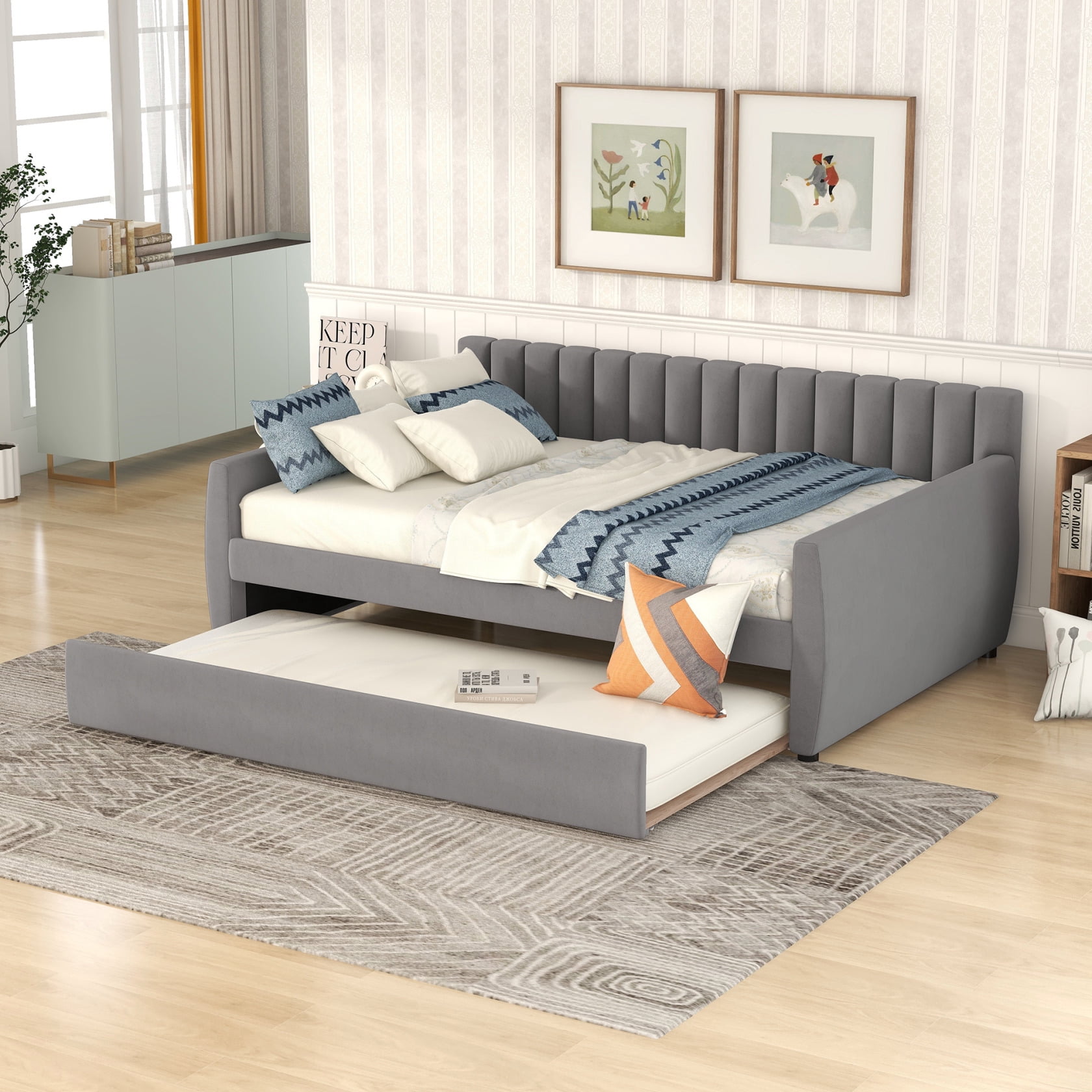 Full Size Upholstered Daybed with Trundle, Linen Fabric Tufted Sofa Bed