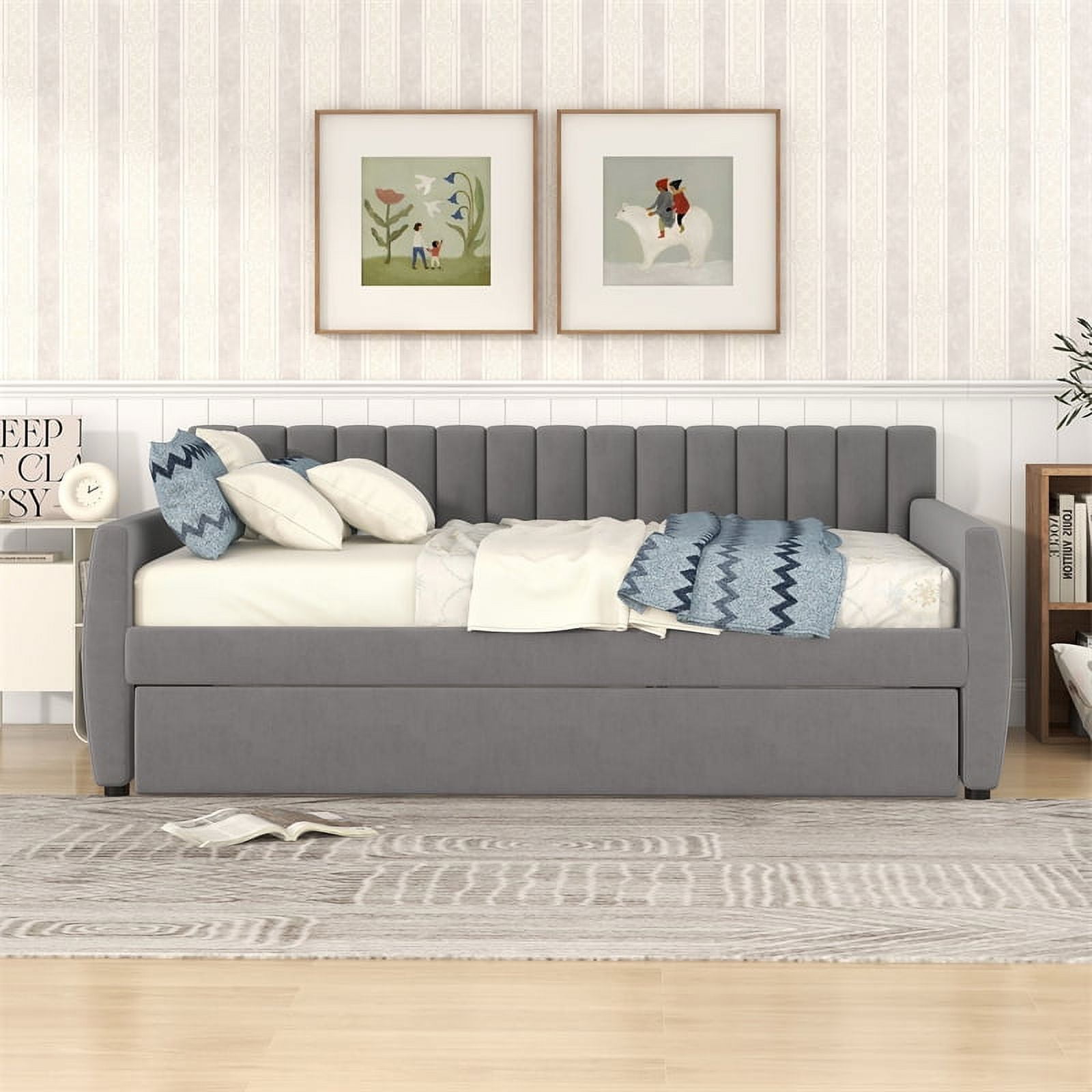 Full Size Upholstered Daybed w/ Trundle, Elegant Sofa Bed, Armrests, Wood Support, 600 LBS Limit