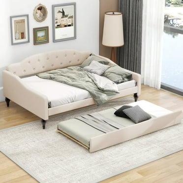 Full Size Upholstered Daybed with Twin Size Trundle, Linen Sofa Bed with Button Tufted Back & Nailhead Decor & Waved Shape Arms, Profile Single Daybed for Bedroom Living Room Small Sp