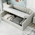 thumbnail image 1 of Full Size Upholstered Daybed with Underneath Storage, Linen Fabric Sofa Bed Frame with Slats Support and Solid Wood Legs for Living, Bedroom, Guest Room, No Box Spring Needed, White, 1 of 9