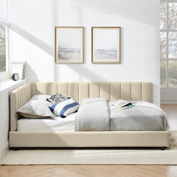 Full Size Upholstered Daybed, Velvet Sofa Bed Frame with Backrest & Armrests, Mid-Century Modern Tufted Bed for Bedroom & Living Room, No Box Spring Needed,Beige