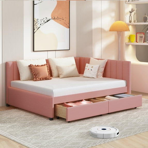 Full Size Upholstered Daybed, Wooden Sofa Bed Frame with 2 Storage Drawers, Linen Fabric, Multifunctional Daybed Frame for Bedroom, Guest Room, Living Room, No Box Spring Needed, Pink