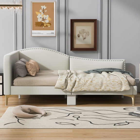 Full Size Upholstered Daybed for Kids and Adults, Twin Daybed with Headboard and Armrest, Support Legs, Beige