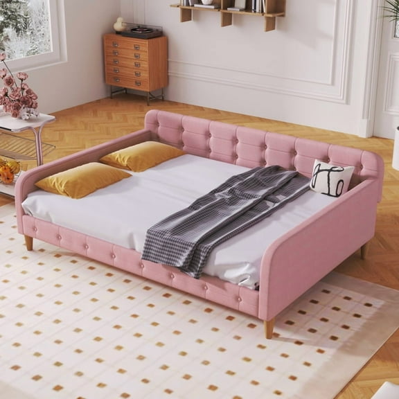 Full Size Upholstered Daybed with 4 Support Legs,Rubine