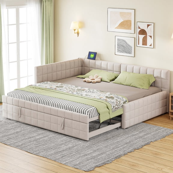 Full Size Upholstered Daybed with L-Shaped Backrest, USB Ports & Pull-Out Trundle, Modern Design