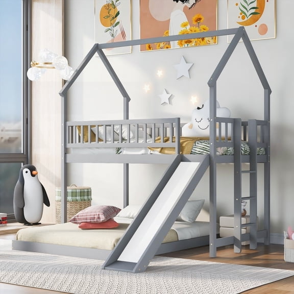 Twin/Full Size Solid Pine Wood Platform Bed with Slide and Built-in Ladder, Gray for Dorm Room