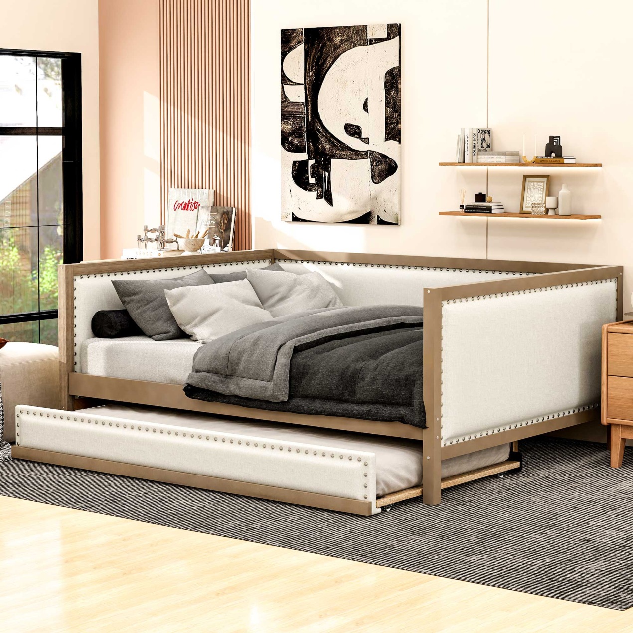 Full Size Upholstered Daybed with Pull Out Trundle and Nailhead ...