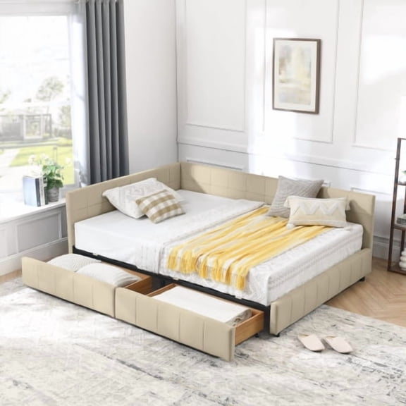 Full Size Upholstered Daybed with Storage, Mid-Century Modern Velvet Sofa Bed Frame, Tufted Backrest and Armrests, for Bedroom or Living Room, Beige