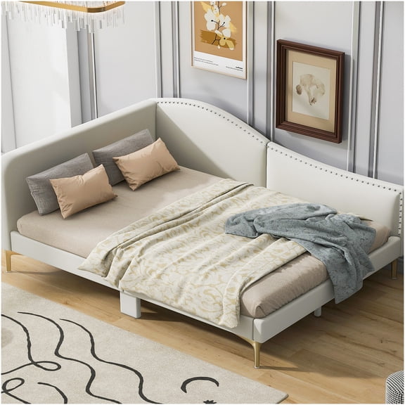 Full Size Upholstered Daybed with Trundle, Modern Linen Sofa Bed for Guest Room, Beige