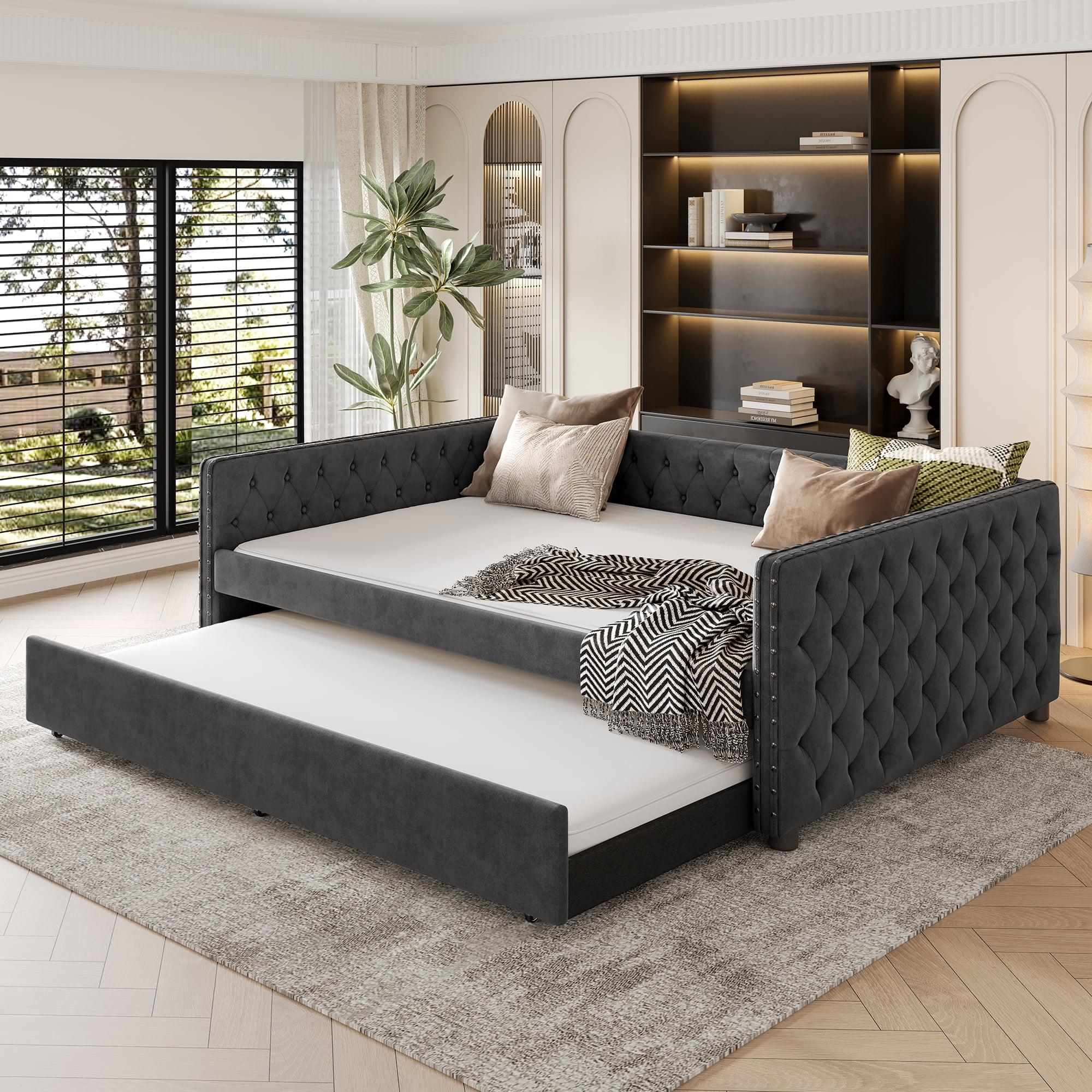 Full Size Upholstered Daybed with Trundle,Tufted Sofa Bed with Button & Copper Nail on Square Arms,Gray