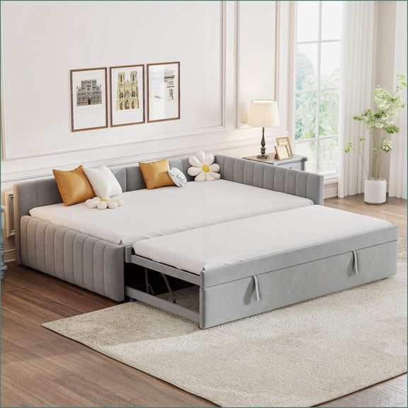 Full Size Upholstered Daybed with Twin Pop Up Trundle, No Box Spring Needed Gray for Guest Room