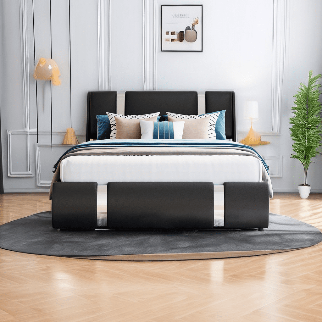 Full Size Black Faux Leather Platform Bed with Hydraulic Storage and Upholstered Headboard