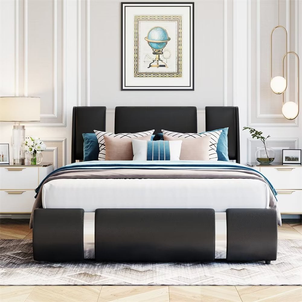 Full Size Black Faux Leather Platform Bed with Hydraulic Storage and Upholstered Headboard