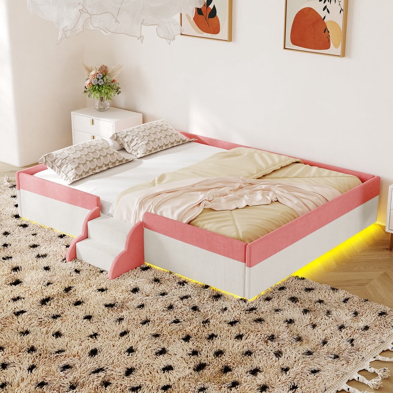 Full Size Upholstered Floor Bed with Fence, 2-Tier Steps and Smart LED Lights, Corduroy Platform Bed with Safety Guardrails, Kids Montessori Bed for Boys Girls