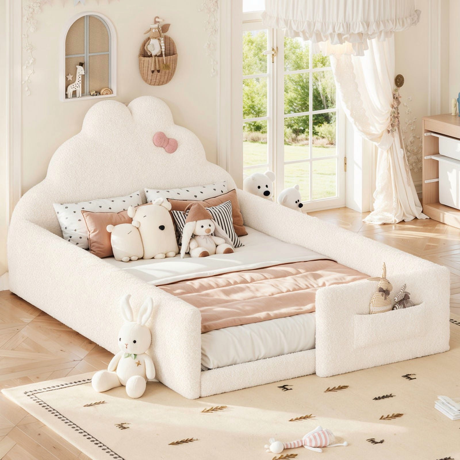 Full Size Upholstered Floor Bed for Kids, Low-Profile Teddy Fabric ...