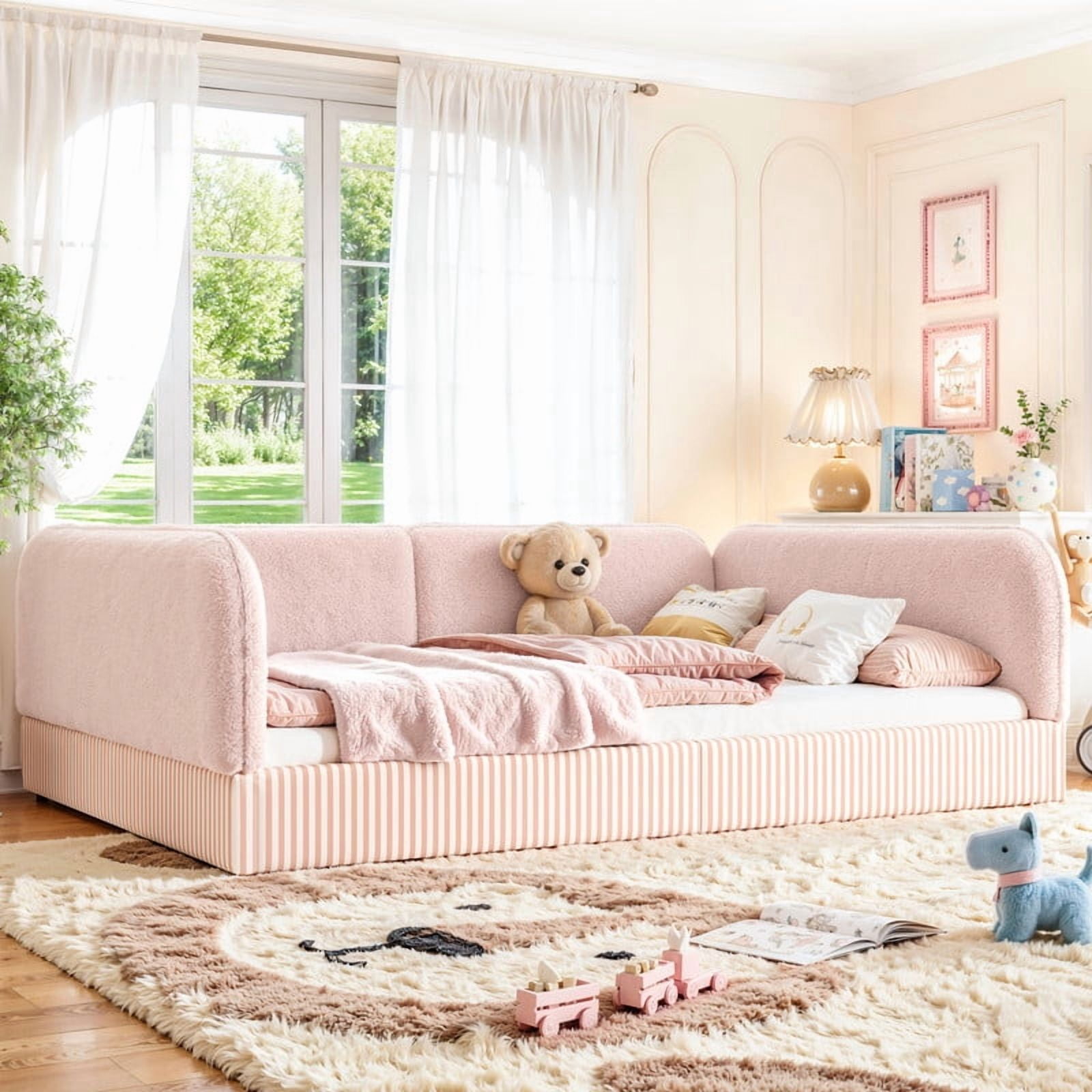 Full Size Upholstered Floor Daybed Frame for Kids, Half-Enclosed Montessori Platform Bed with 3-Sided Surrounding Guardrails
