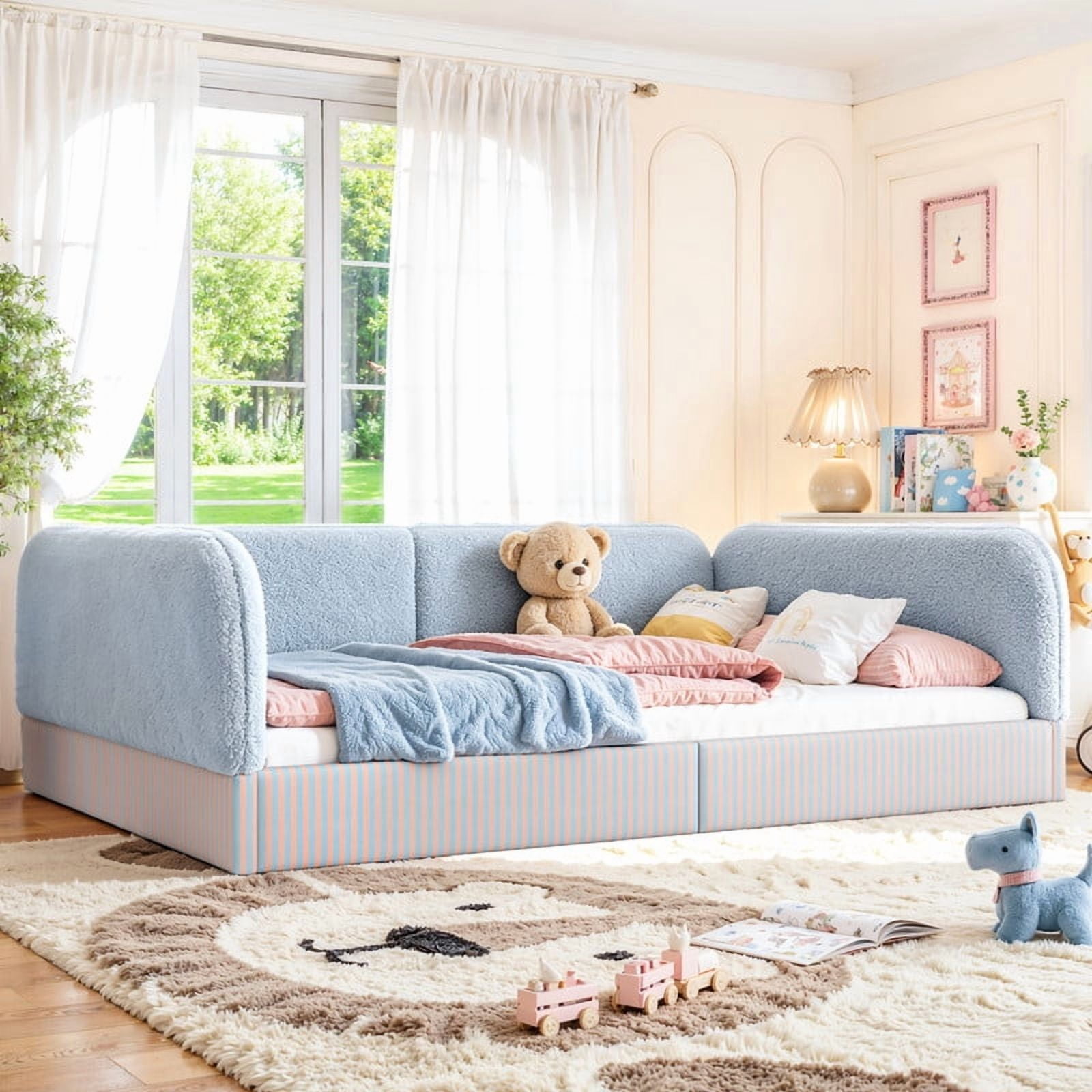 Full Size Upholstered Floor Daybed Frame for Kids, Half-Enclosed Montessori Platform Bed with 3-Sided Surrounding Guardrails
