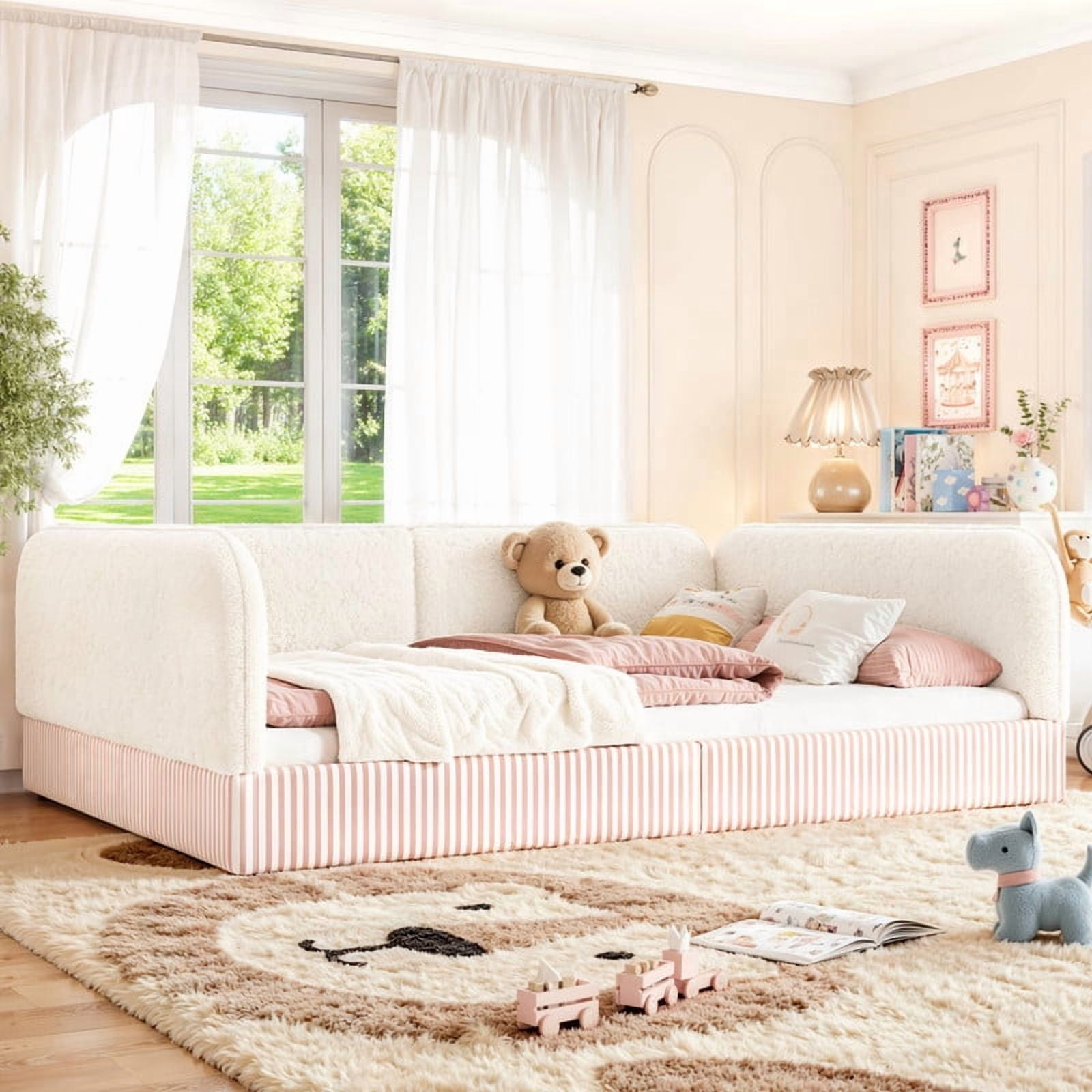 Full Size Upholstered Floor Daybed Frame for Kids, Half-Enclosed Montessori Platform Bed with 3-Sided Surrounding Guardrails