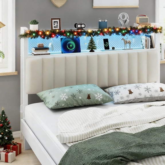 Full Size Upholstered Headboard with 2 Shelves, Pegboard, USB Charging & LED Lights, Adjustable Storage