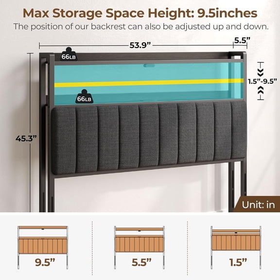 Full Size Upholstered Headboard with Storage, LED Lights, USB Ports, Adjustable Height, Black Linen Fabric