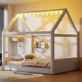 thumbnail image 1 of Full Size Upholstered House Daybed with LED Lights - Beige Corduroy, Solid Wood Frame, 80"x57" Bedroom Furniture. Cozy &amp; Stylish Design, 1 of 21
