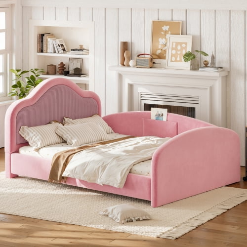 Full Size Upholstered Kids Floor Bed with Curved Headboard, Safety Side Rails & Storage Pocket, Low Profile Playhouse Bed, Pink