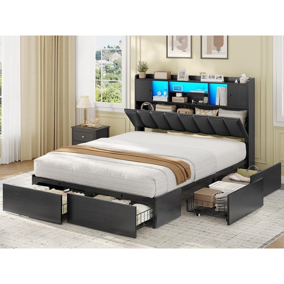 Full Size Upholstered LED Bed Frame with 6 Storage Drawers, 3-Tier Headboard, Charging Station & 2 Cabinets, No Box Spring Needed, Black