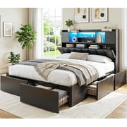 Full Size Upholstered LED Bed Frame with 6 Storage Drawers, 3-Tier Headboard, Charging Station & 2 Cabinets, No Box Spring Needed, Black
