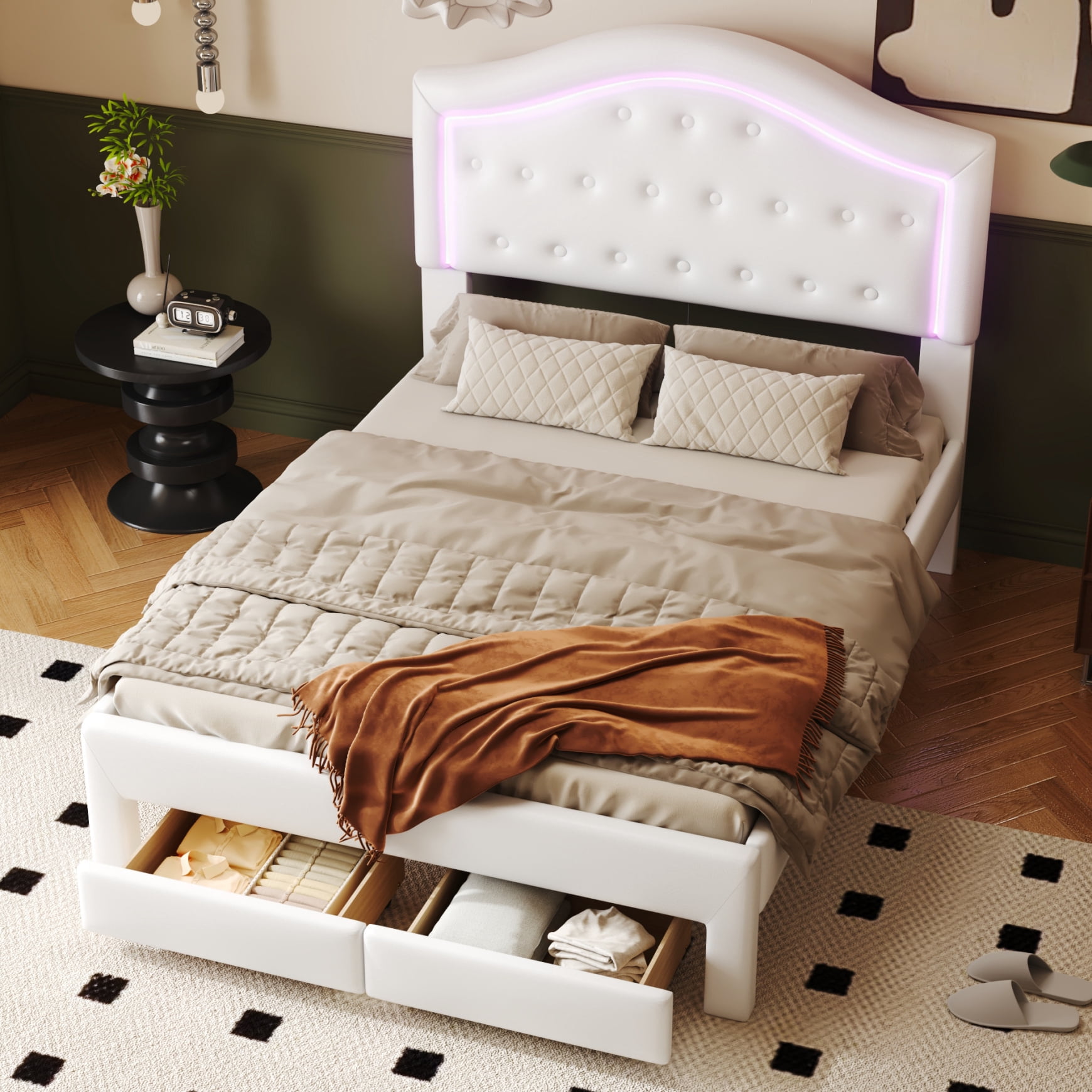 Full Size Upholstered LED Bed Frame with Storage Drawers & Tufted ...