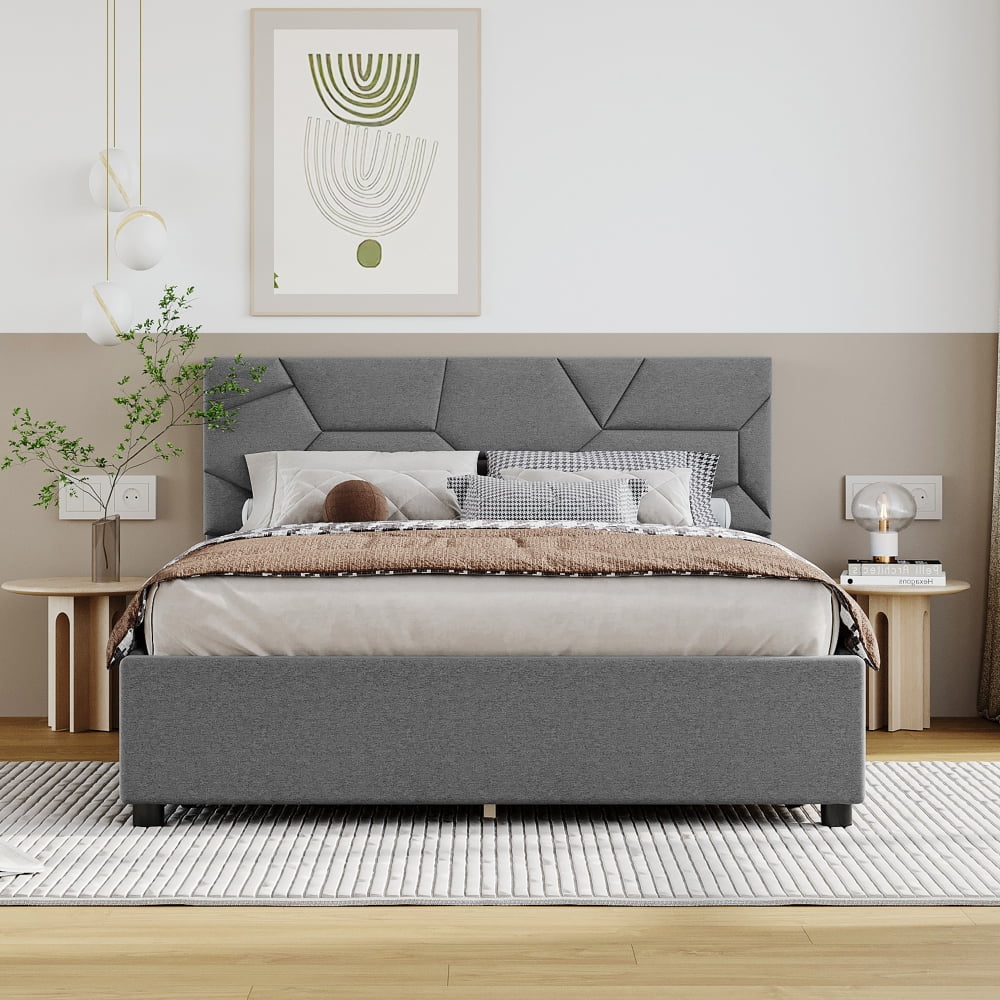 Full Size Upholstered Platform Bed with 4 Drawers, Platform Bed Frame