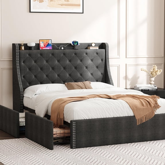 Full Size Upholstered Platform Bed with 4 Drawers – Wingback Tufted Headboard, Charging Station, 1,000 lbs Wooden Slats – No Box Spring, Easy Assembly – Grey/Black