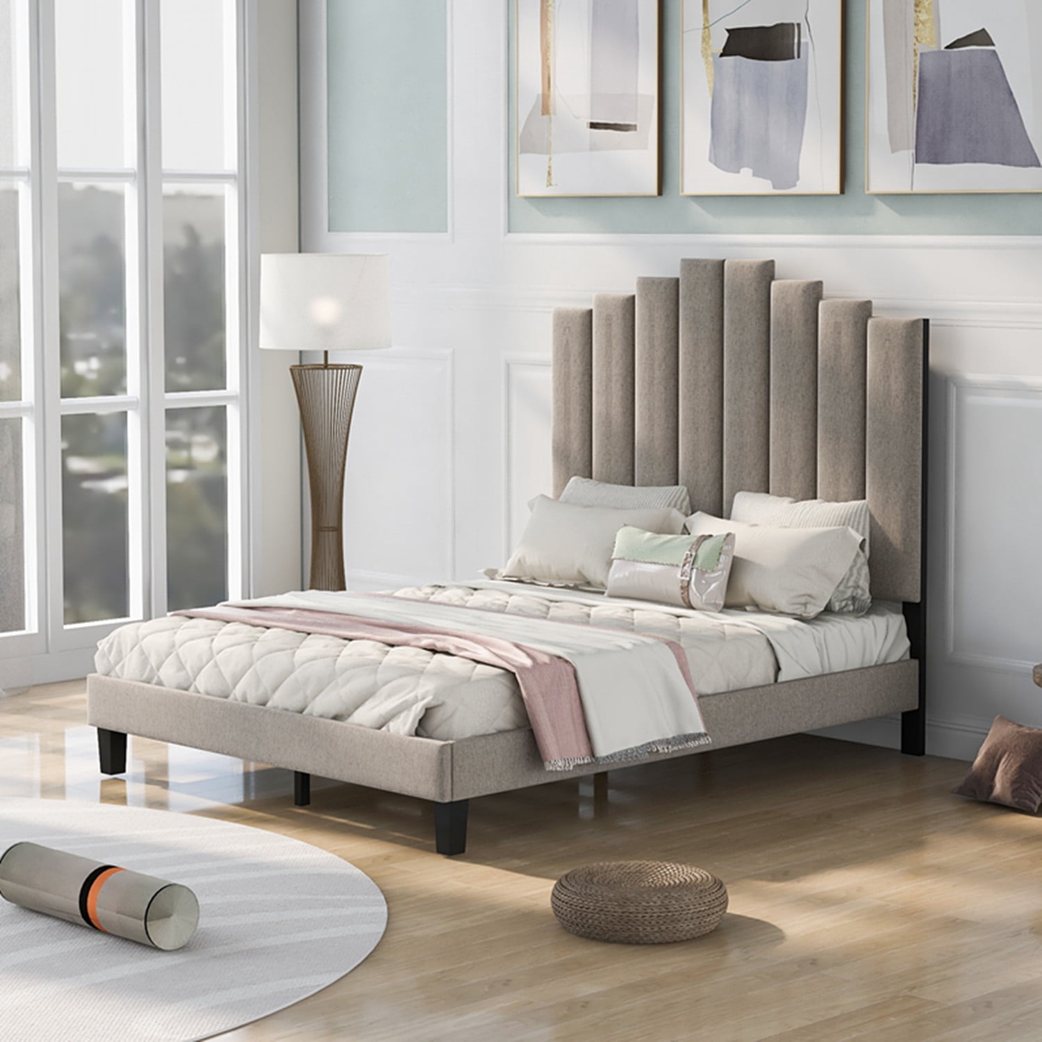 Full Size Upholstered Platform Bed with Adjustable Headboard and Sturdy ...