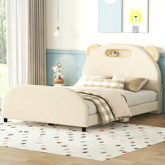 Full Size Upholstered Platform Bed with Bear-Shaped Headboard and Embedded Light Stripe, Bedroom Furniture, Velvet Low Upholstered Bed Frame with Wood Frame and Slats Support, Beige