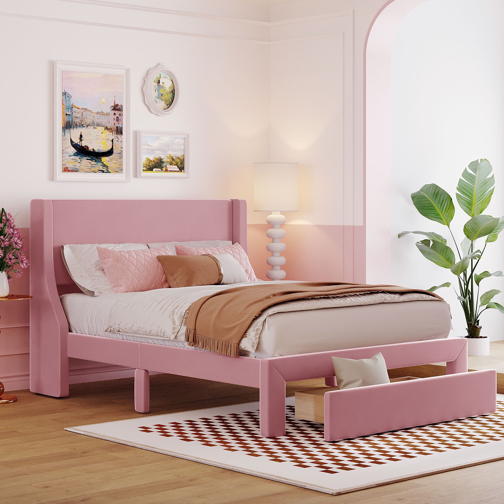 Full Size Upholstered Platform Bed with a Big Storage Drawer Velvet Upholstered Bed Frame Plywood Slats Support Wooden Bed Frame No Box Spring