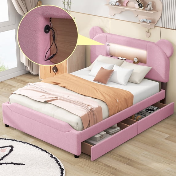 Full Size Upholstered Platform Bed with Cartoon Ears Shaped Headboard, LED and USB, Fabric Upholstered Platform Bed Frame with Headboard and 2 Drawers(Pink, Full)