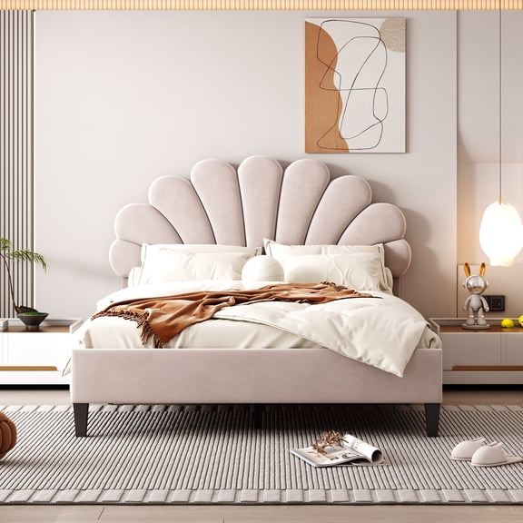 Full Size Upholstered Platform Bed With Flower Pattern Headboard In Beige - Slats, Warm Bedroom Addition No Foundation Requirement, Stable Resting Surface