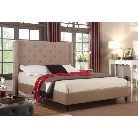 Full Size Upholstered Platform Bed Frame with 51" Tall Headboard - Tufted Cloth Bed - Wood Slat Support with Storage Space- No Box Spring Needed- Easy Assembly- Light Brown - OLIVER & SMITH
