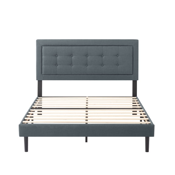 Full Size Upholstered Platform Bed Frame, Dark Grey Square Tufted Headboard, Sturdy Wooden Slats Bed Frame with Easy Assembly for Bedroom