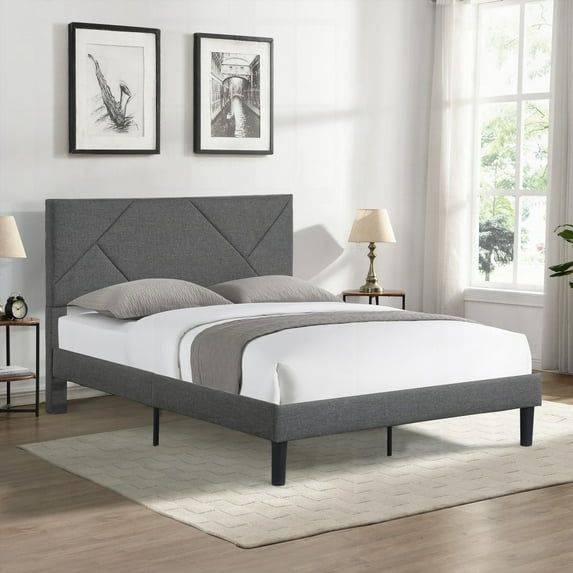 Full Size Upholstered Platform Bed Frame with Headboard, Easy Assembly Included, No Box Spring Needed, Gray, Fits All Mattress Types