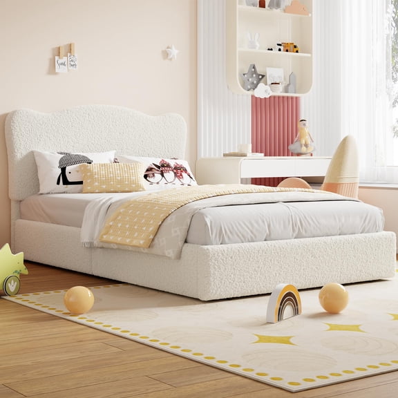 Full Size Upholstered Platform Bed Frame for Kids with 2 Storage Drawers - Cute Velvet Headboard, Sturdy Noise-Free Construction, No Box Spring Needed, Low Profile, light beige tone, Full