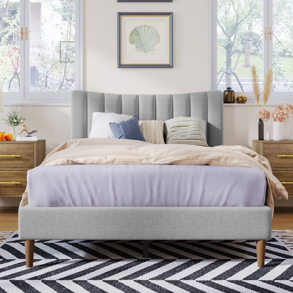 Full Size Upholstered Platform Bed Frame with Vertical Channel Tufted