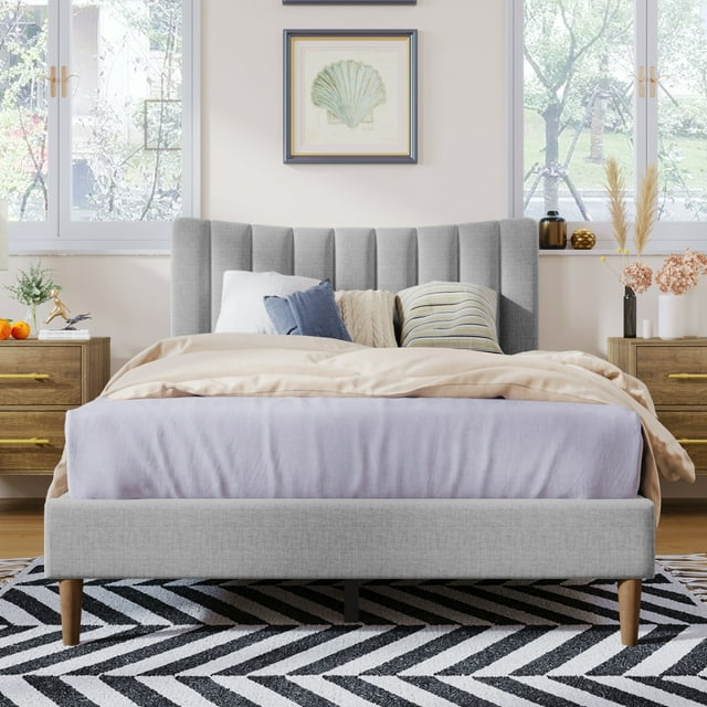 Full Size Upholstered Platform Bed Frame with Vertical Channel Tufted Headboard, Modern Linen Fabric Full Bed Frames with Wood Slats Support,No Box Spring Needed,Gray