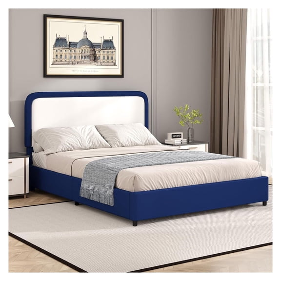 Full Size Upholstered Platform Bed Frame, White Blue Faux Leather Curved Headboard, Noiseless Wooden Slats, Sturdy Metal Legs, Low Profile Design for Teens Adults, Bedroom Furniture