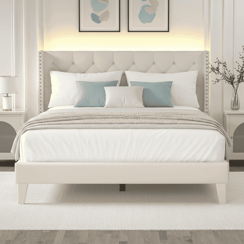 Full Size Upholstered Platform Bed Frame with Wingback Headboard, Diamond Tufting, and LED Lights - Wood Slat Support, No Box Spring Needed, Easy Assembly, Noise-Free, Beige